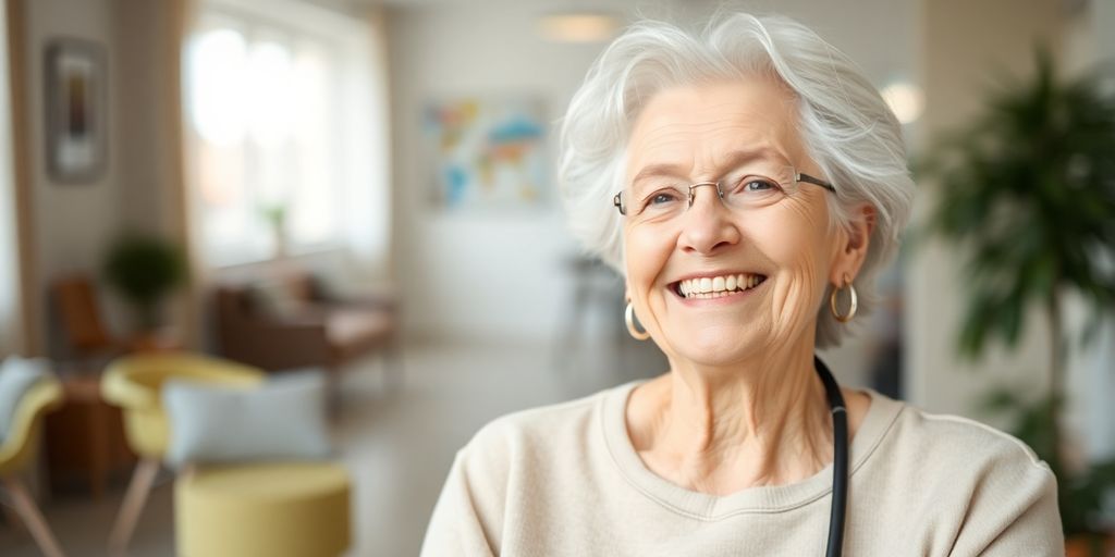 Ältere weiße Person lächelt in heller Umgebung.
