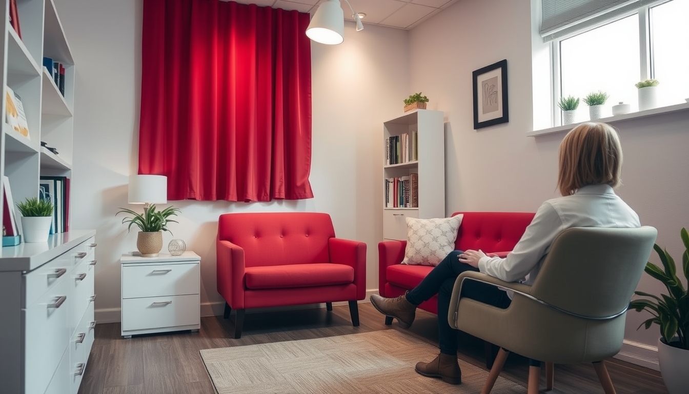 Psychologist's office with a red couch for therapy.