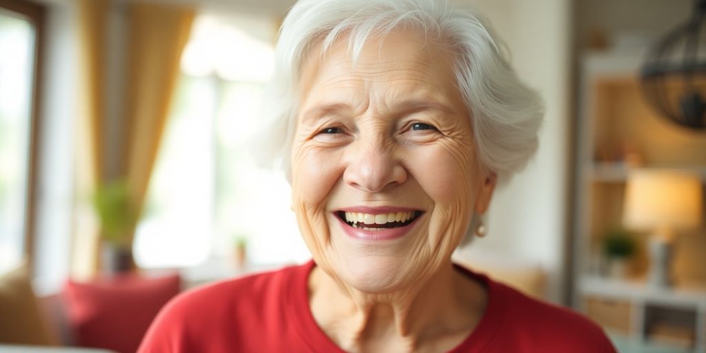 Ältere weiße Person lächelt in hellen Räumlichkeiten.