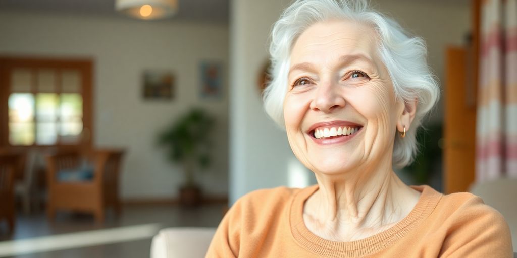 Ältere Person mit einem Lächeln in hellen Räumen.