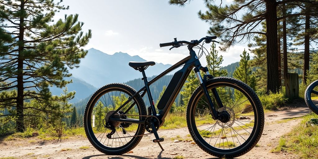 Modern e-bike on scenic trail with mountains