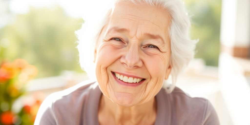 Ältere weiße Person lächelt in heller Umgebung.