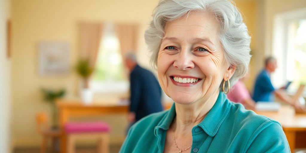 Ältere Person lächelt in heller Umgebung.