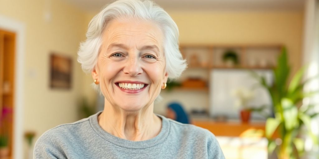 Älterer weißer Mensch lächelt in hellen Räumen.