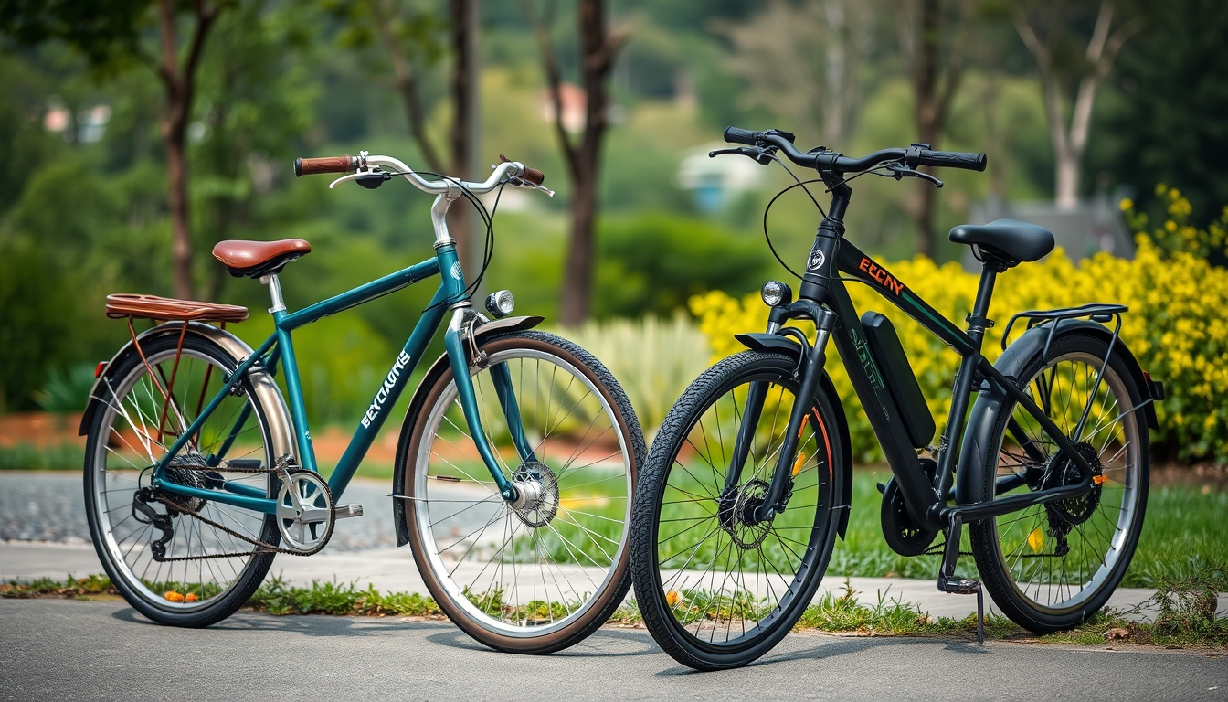 A traditional bicycle and an e-bike in a scenic setting.