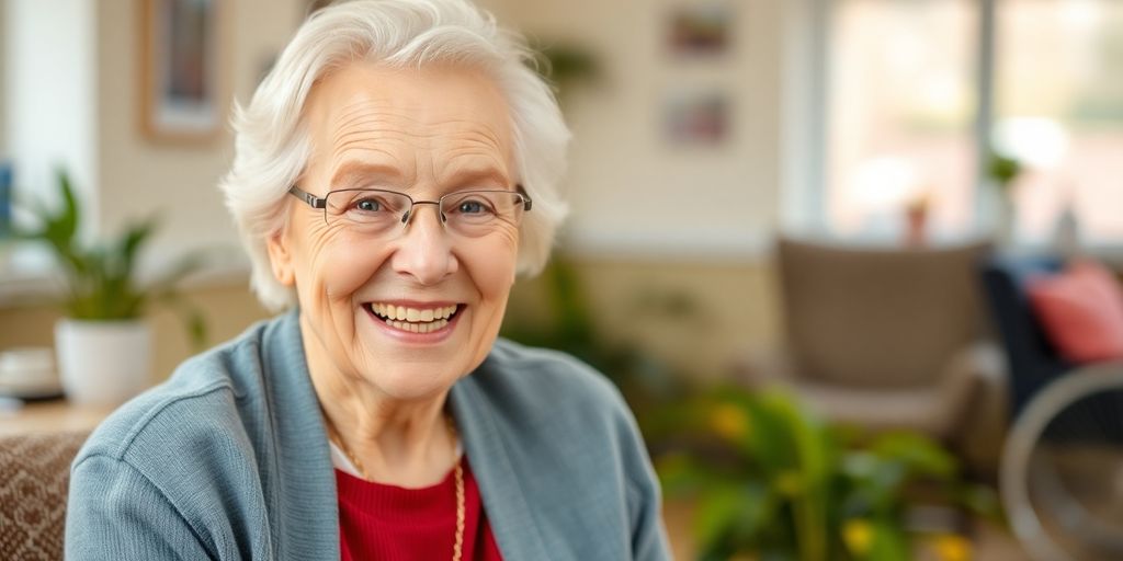 Ältere Person mit einem Lächeln in einem hellen Umfeld.