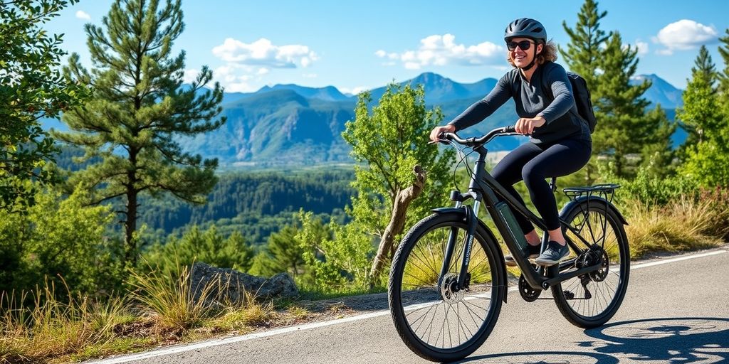 Person riding e-bike on scenic path