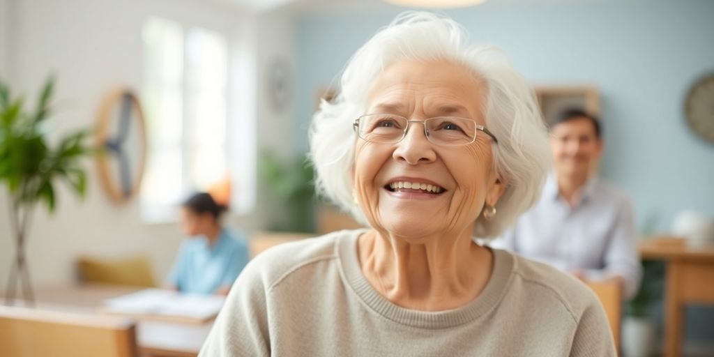 Ältere Frau hat einen Betreuungsplan, lächelt in heller Umgebung.