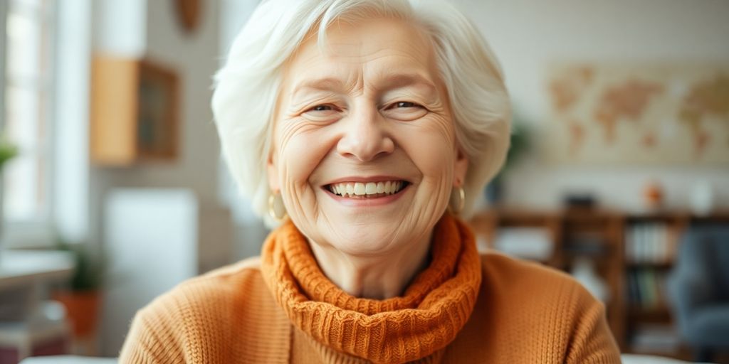 Ältere Person lächelt in heller Umgebung.