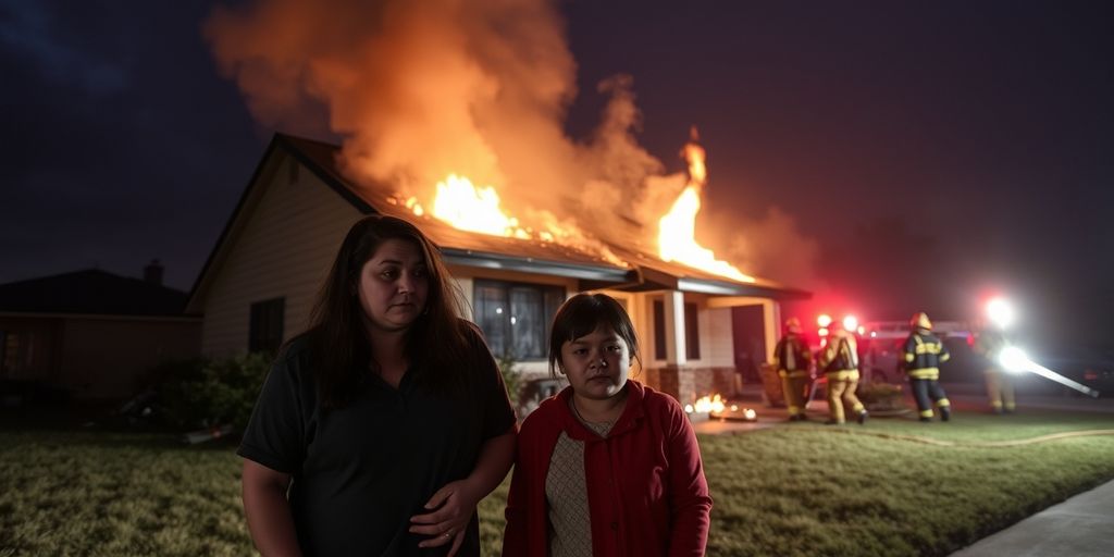 Family distressed outside burned home with firefighters.