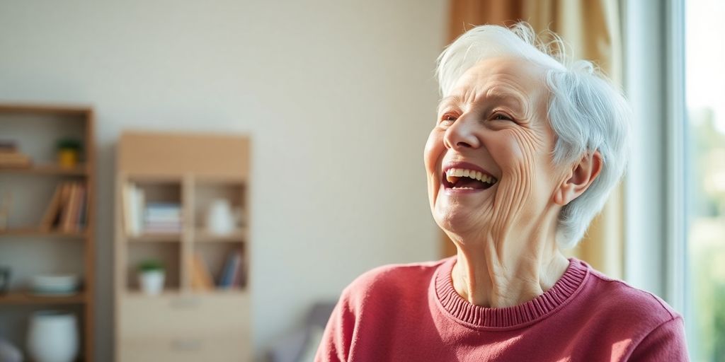 SGB XI: Älterer weißer Mensch lächelt in hellen Räumen.