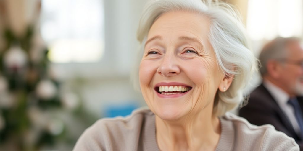 Ältere weiße Person lächelt in hellen Umgebungen.