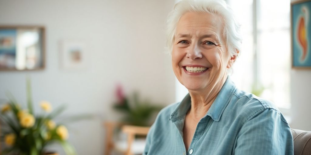 Ältere Person lächelt in hellen, freundlichen Räumen.