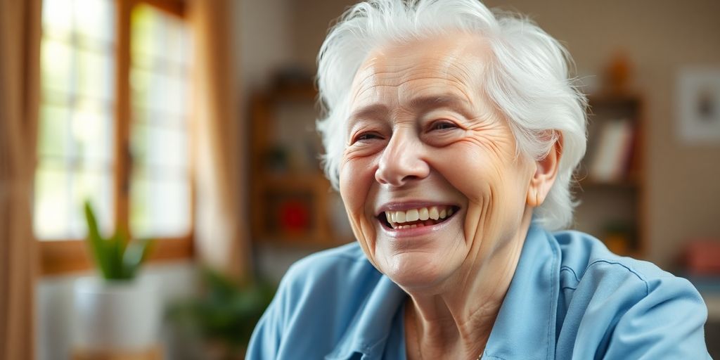Lächelnde ältere Person in heller Umgebung hat Anspruch auf Krankenpflege.
