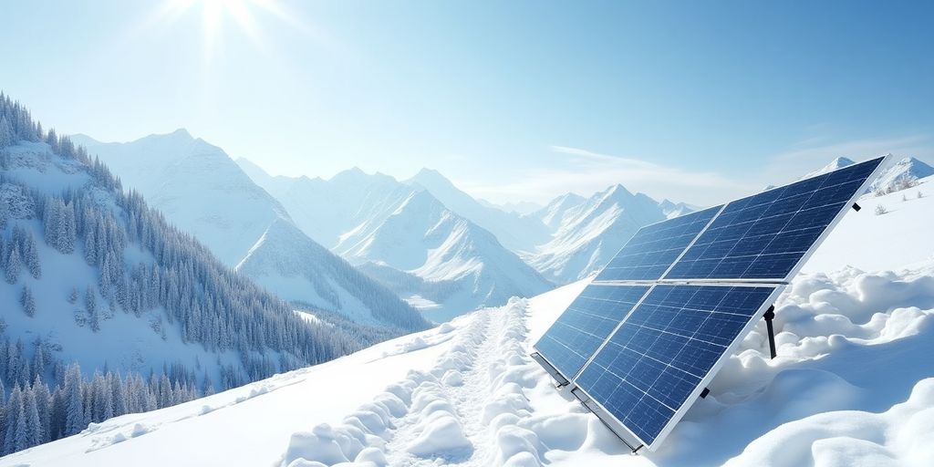 Schneebedeckte Berge mit Solarpanelen im Vordergrund.