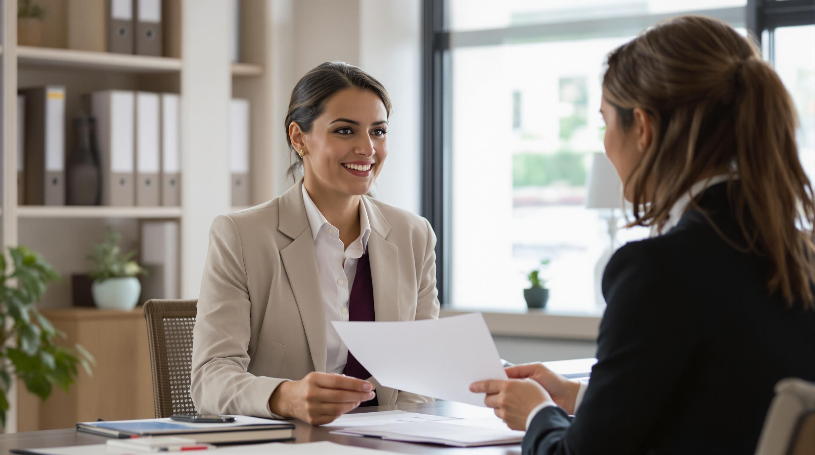 Insurance broker advising a woman in an office.