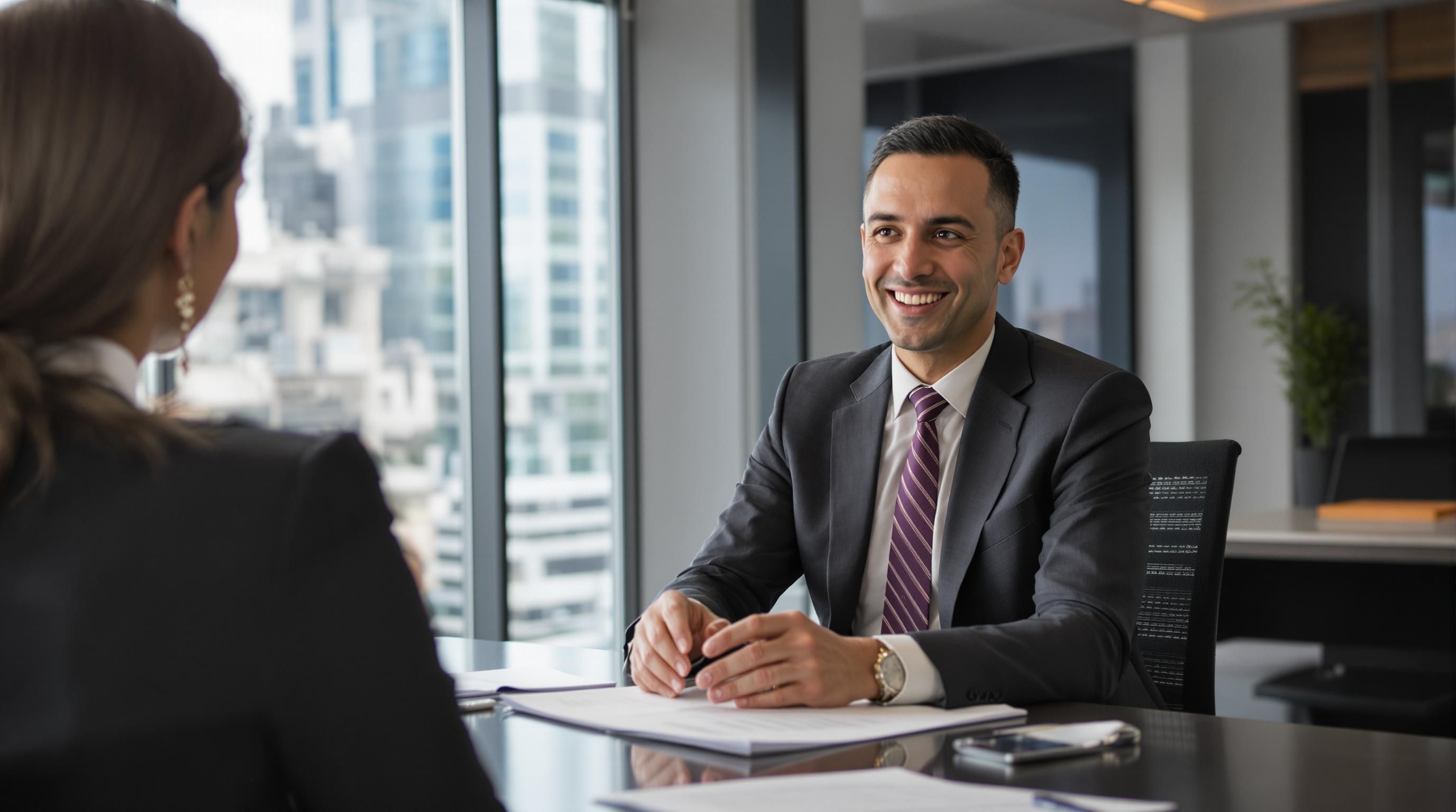 Insurance broker consulting a woman in an office.