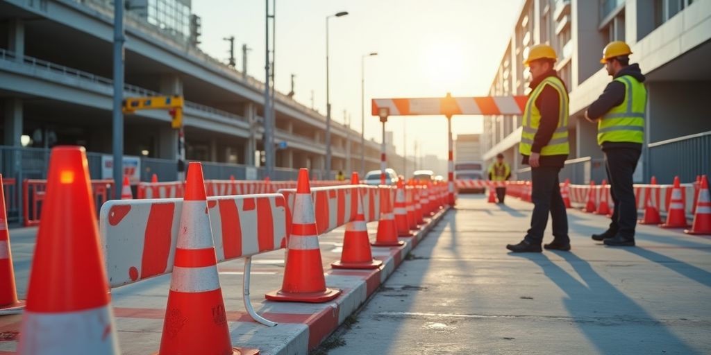 Baustelle mit Sicherheitsbarrieren und Arbeitern in Schutzkleidung.