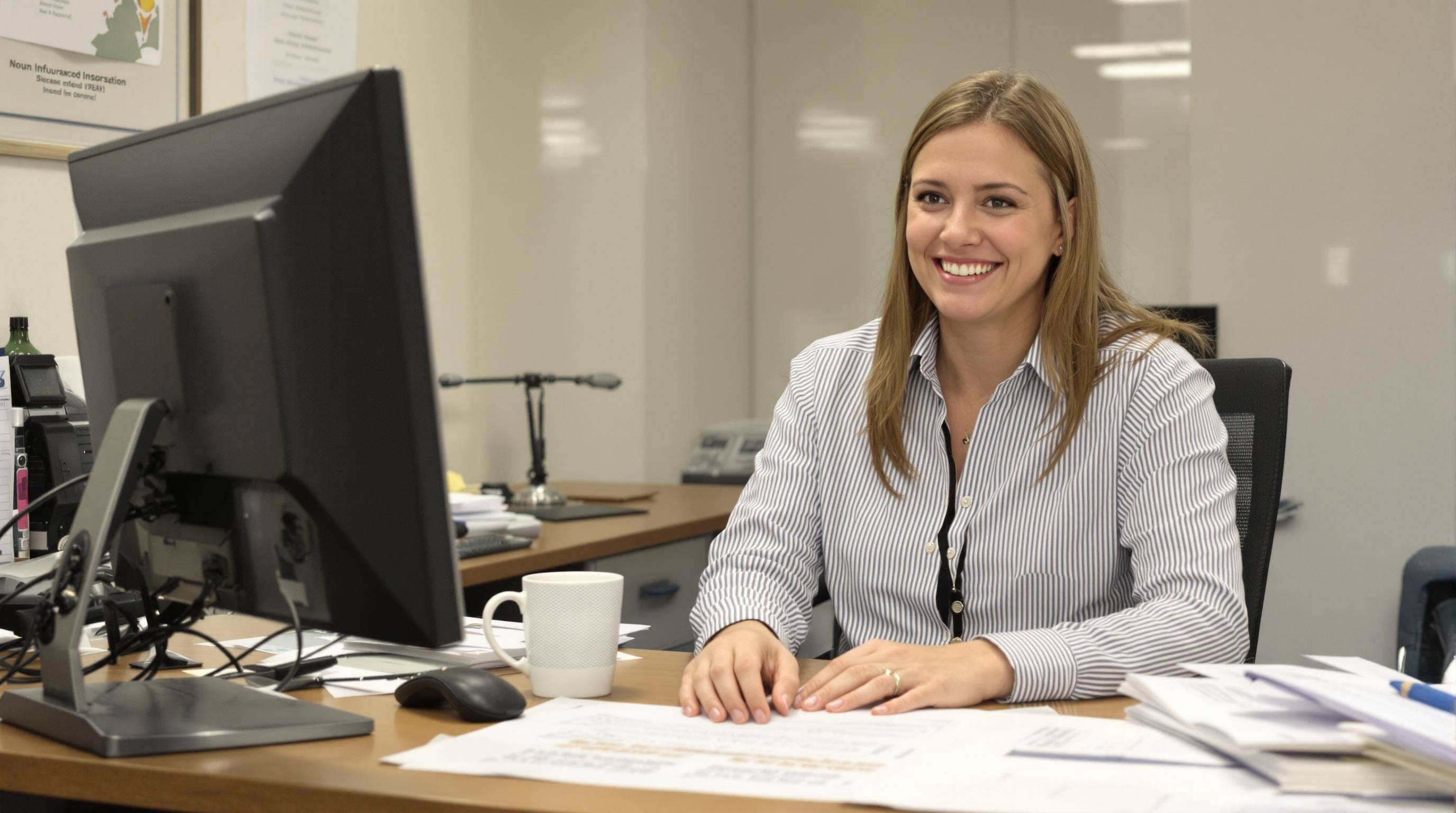 Smiling insurance clerk in a professional office.
