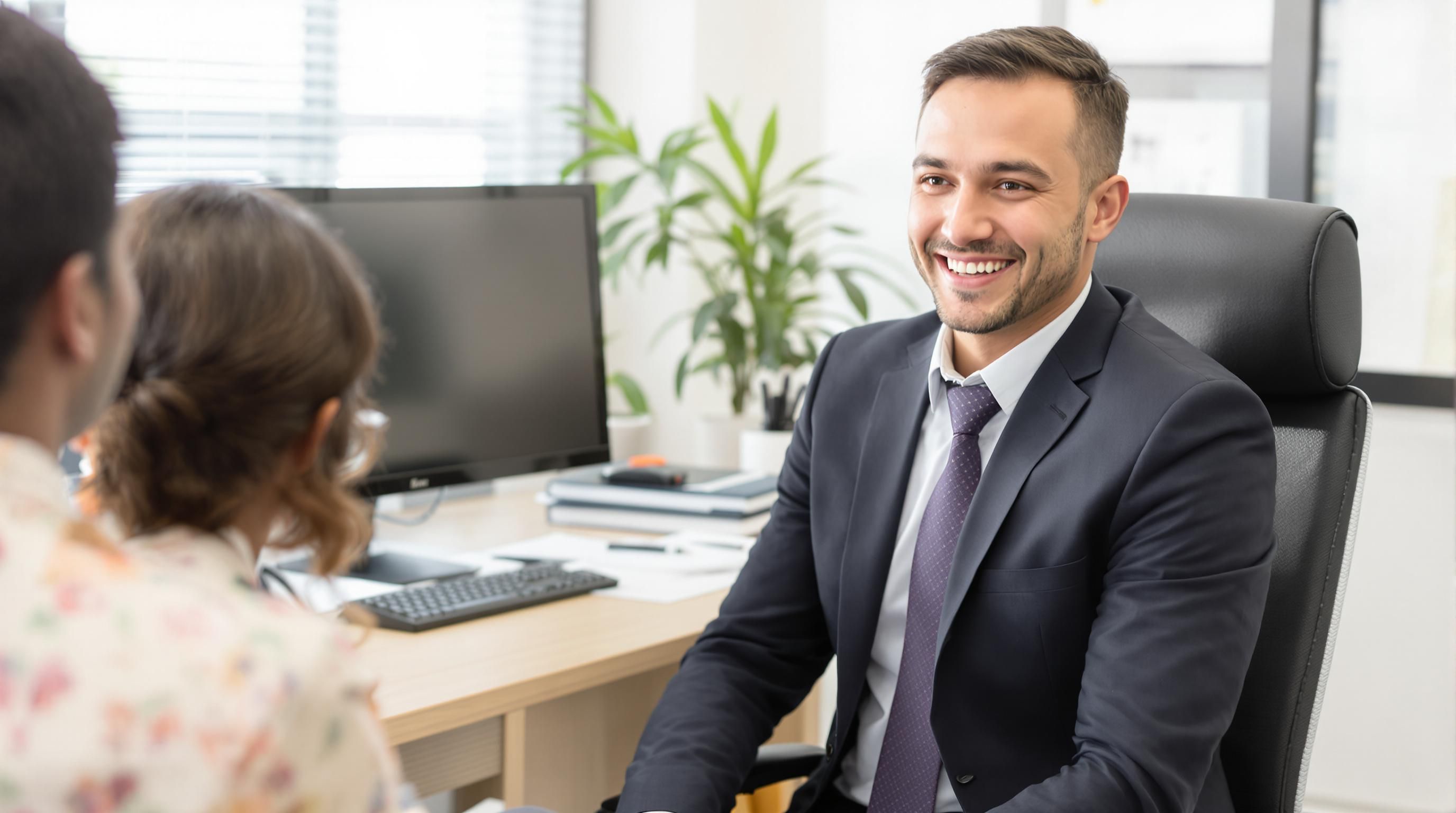 Smiling insurance agent in a bright office setting.