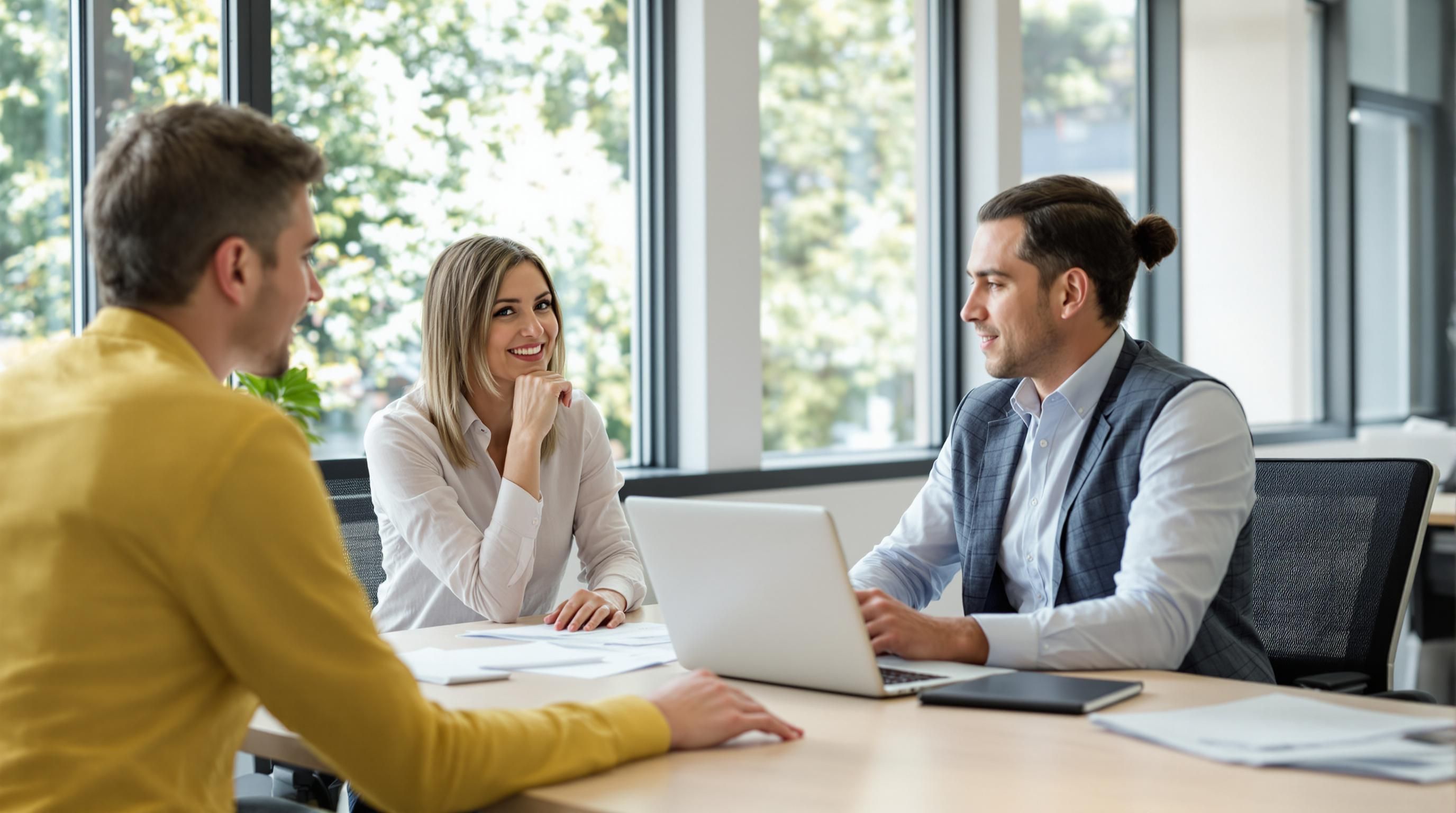 Consultant and client in a bright office discussing insurance.