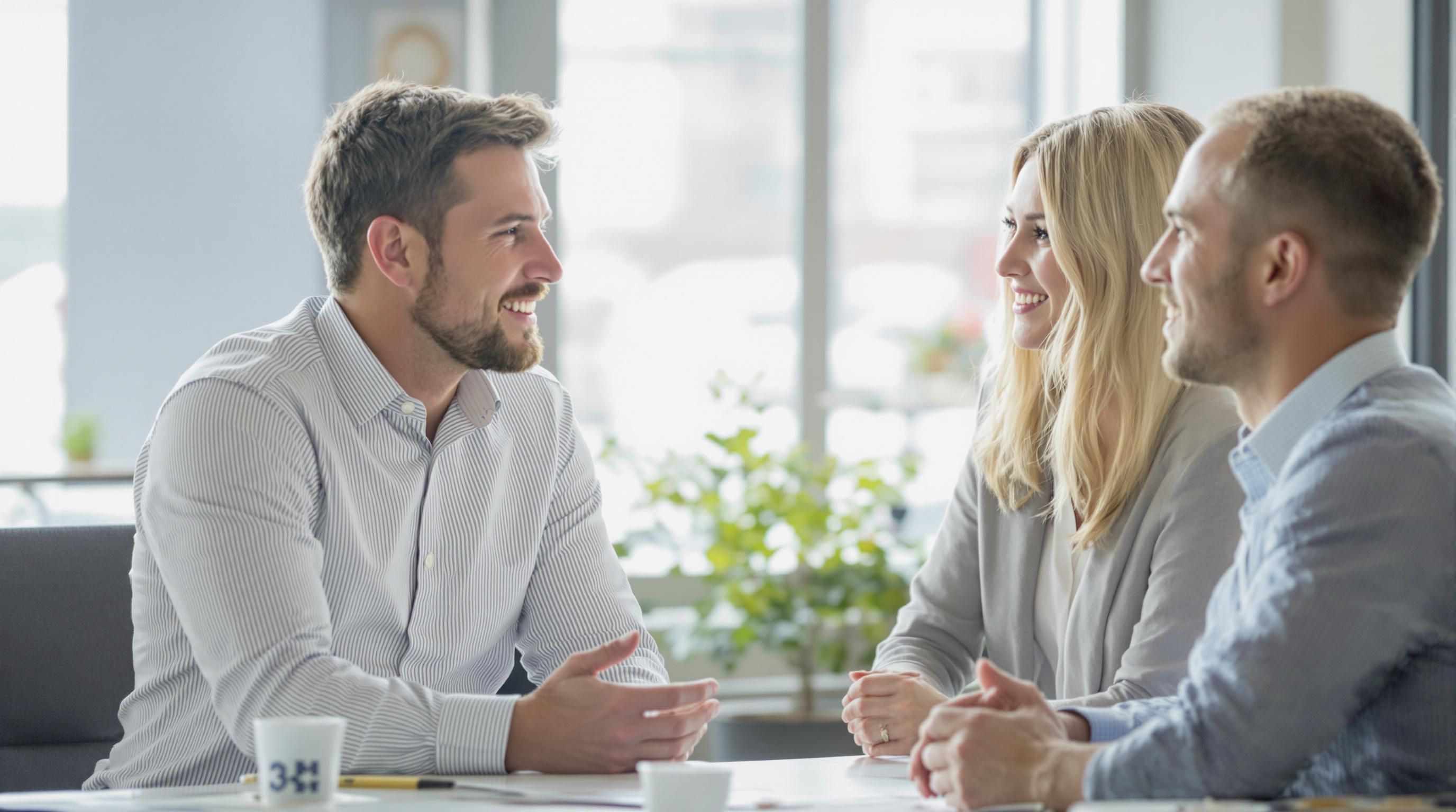Consultant and client discussing in a bright office.