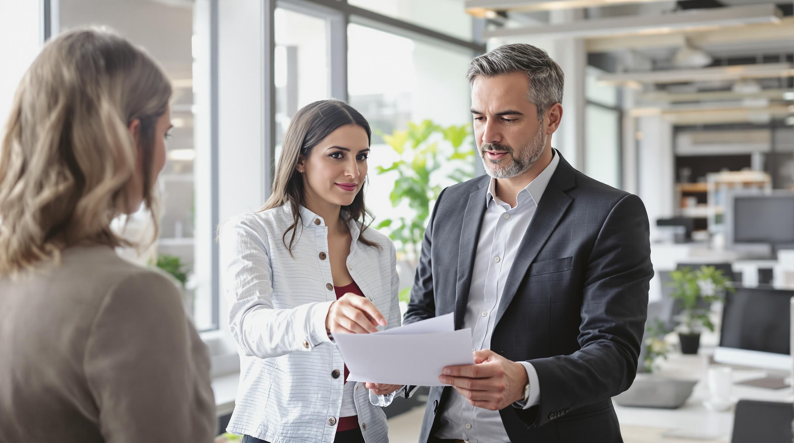 Consultant and client discussing insurance in a bright office.