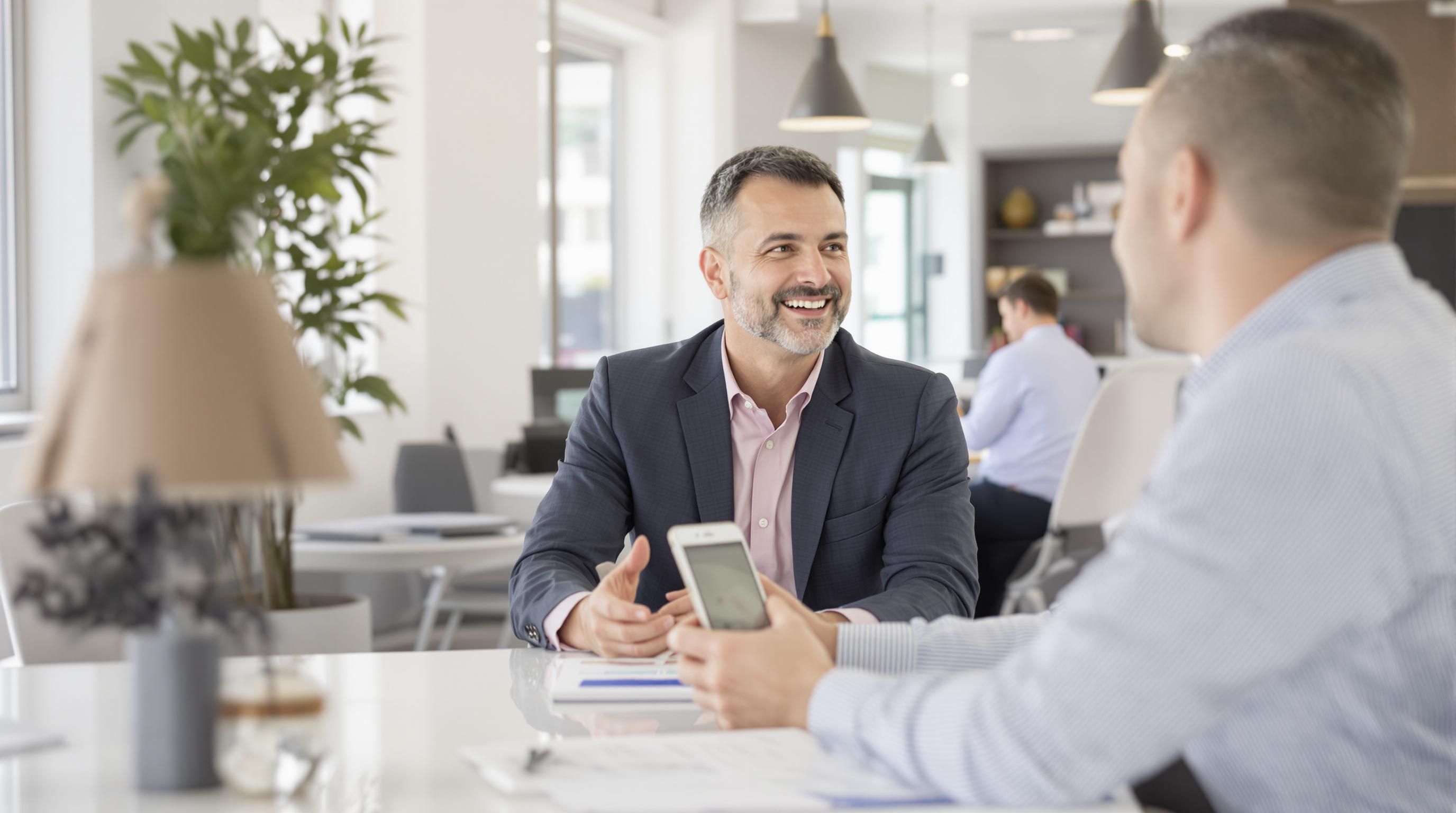 Consultant and client discussing insurance in bright office.