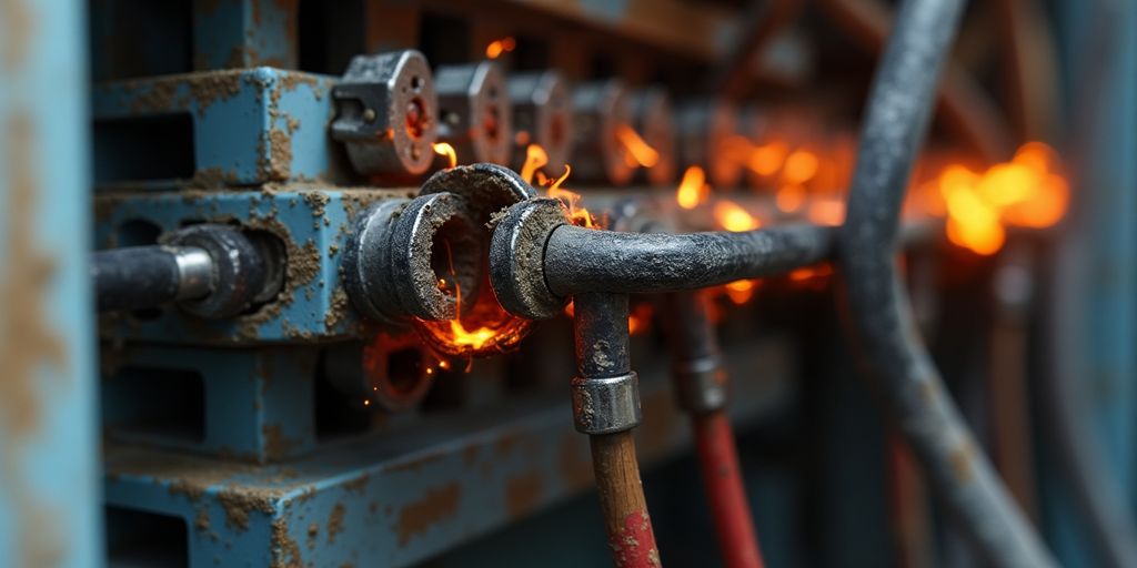 Beschädigte Kabel und Komponenten in einem elektrischen Panel.