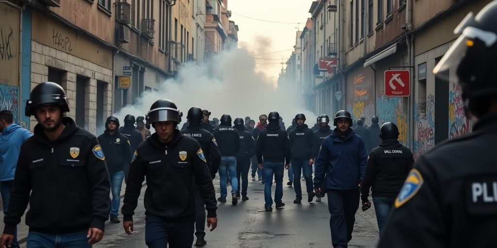Chaotische urbane Szene mit Unruhen und Menschenmenge.