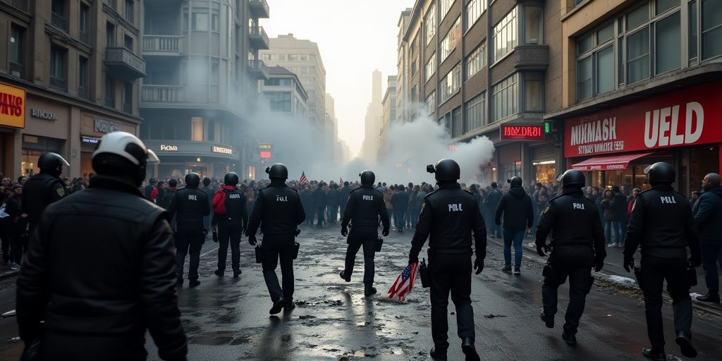 Unruhen in der Stadt mit Menschen und Polizei.