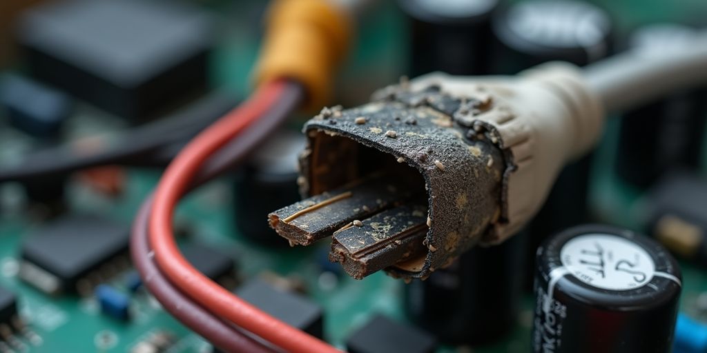 Stromschwankungsschaden: Beschädigtes elektronisches Gerät mit verbrannten Komponenten.