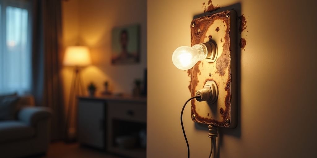 Beschädigtes Elektrogerät mit Brandspuren und flackernder Glühbirne.