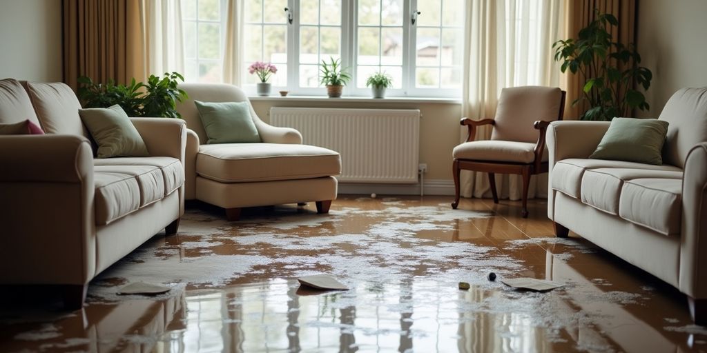 Rückstau: Flut in einem Wohnzimmer mit beschädigtem Mobiliar.