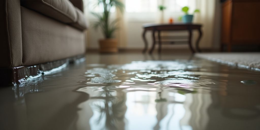 Überflutetes Wohninnere mit Wasserschaden und Möbeln
