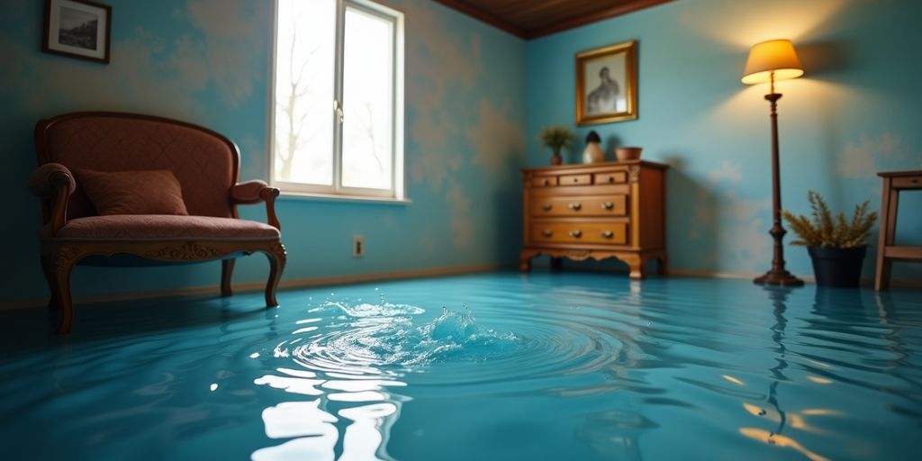 Überschwemmter Keller mit Wasser und beschädigtem Mobiliar.