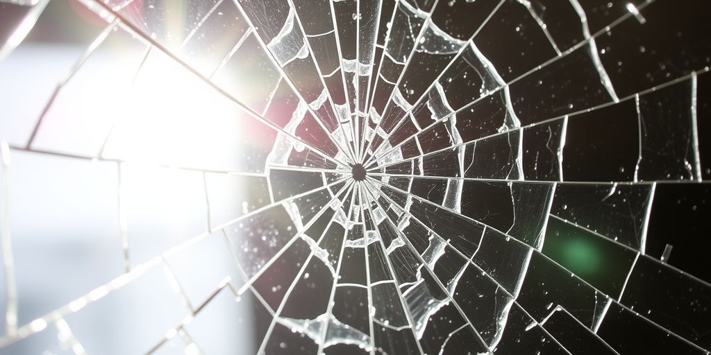 Shattered glass window with sunlight streaming through