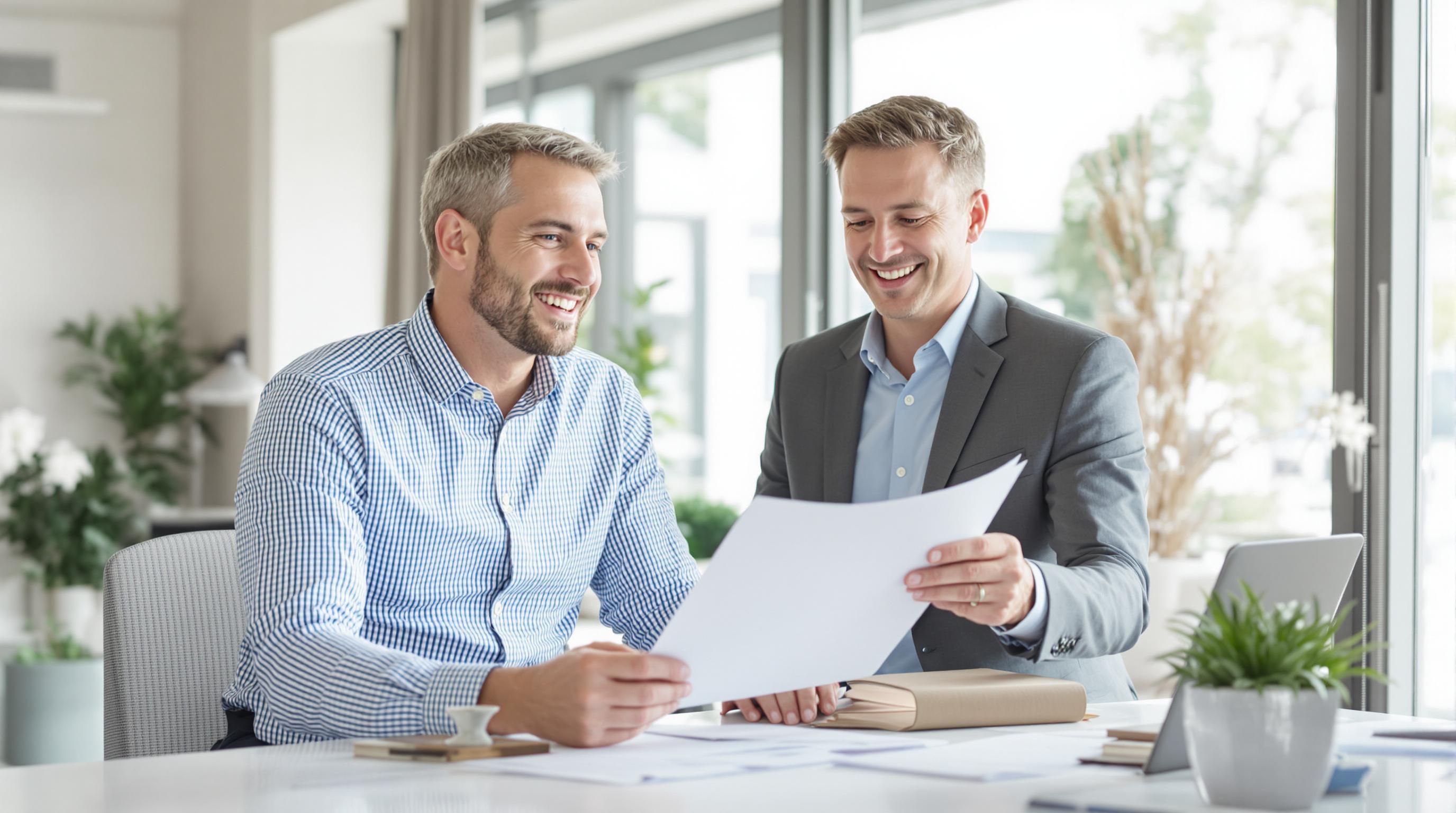 Advisor and client discussing insurance in a bright office.