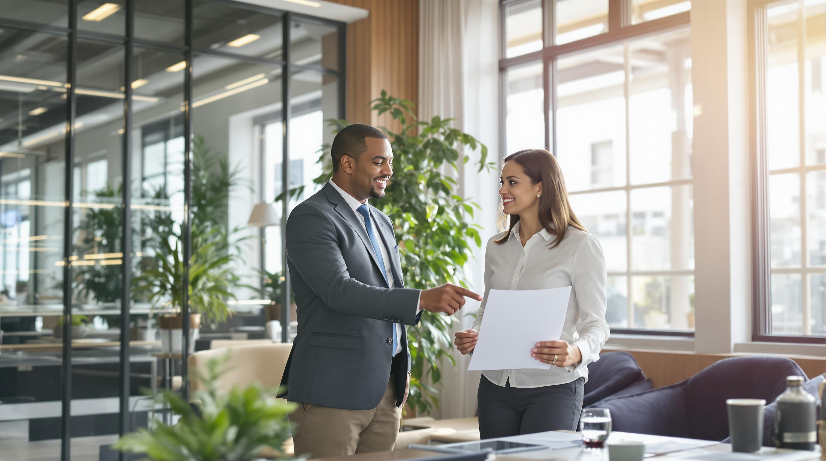 Consultant and client in a bright office discussing insurance.