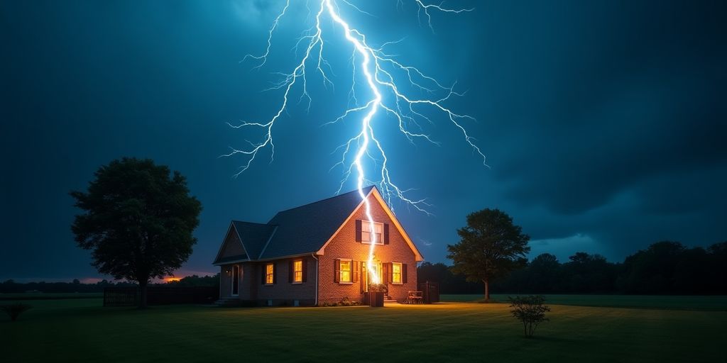 Blitz schlägt in ein Haus ein, zeigt Schäden.
