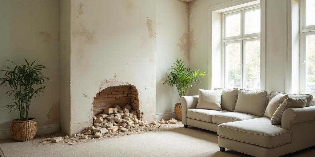 Wasserschäden in einem Wohnzimmer mit beschädigten Wänden.