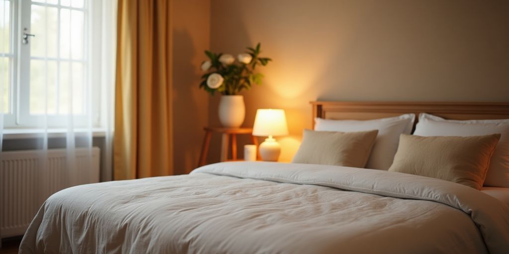 Gemütlicher Unterkunftsbereich mit Bett und warmem Licht.