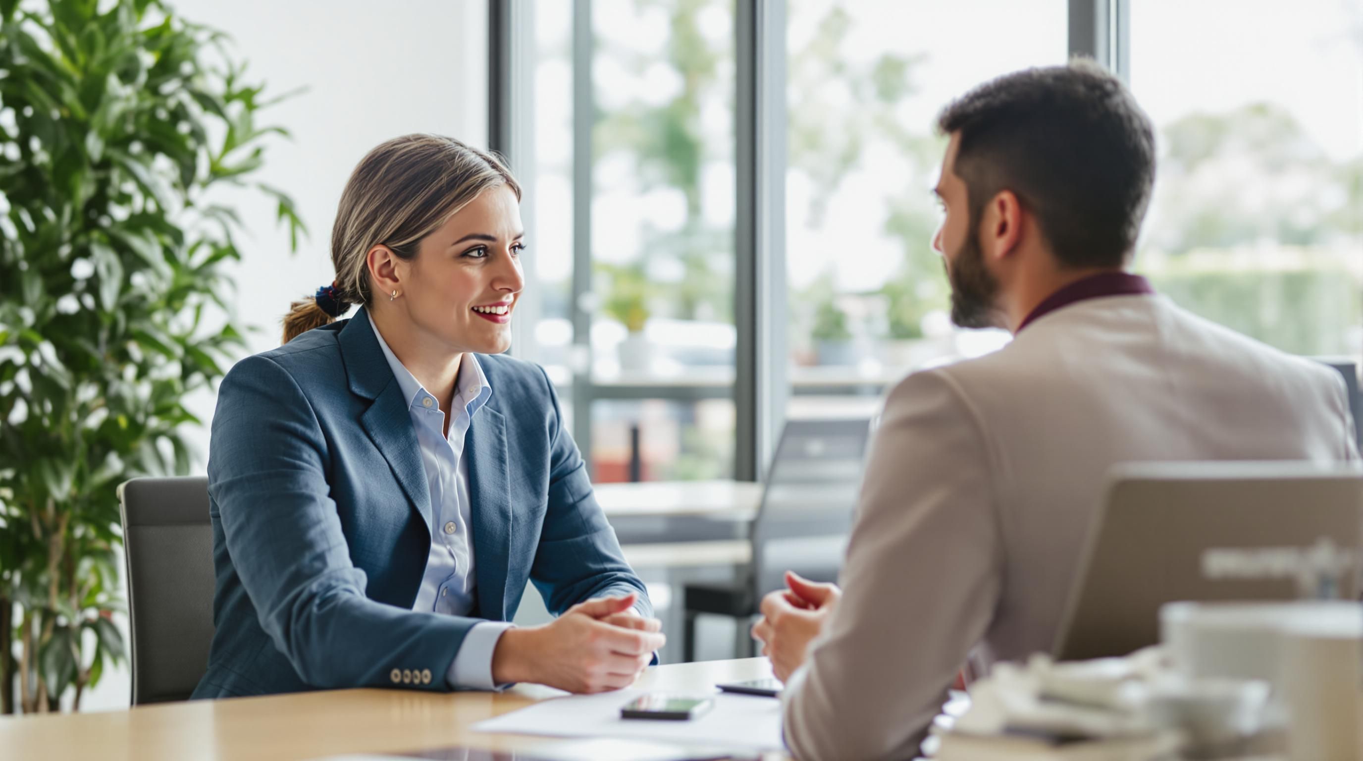 Consultant and client in a bright office discussing insurance.