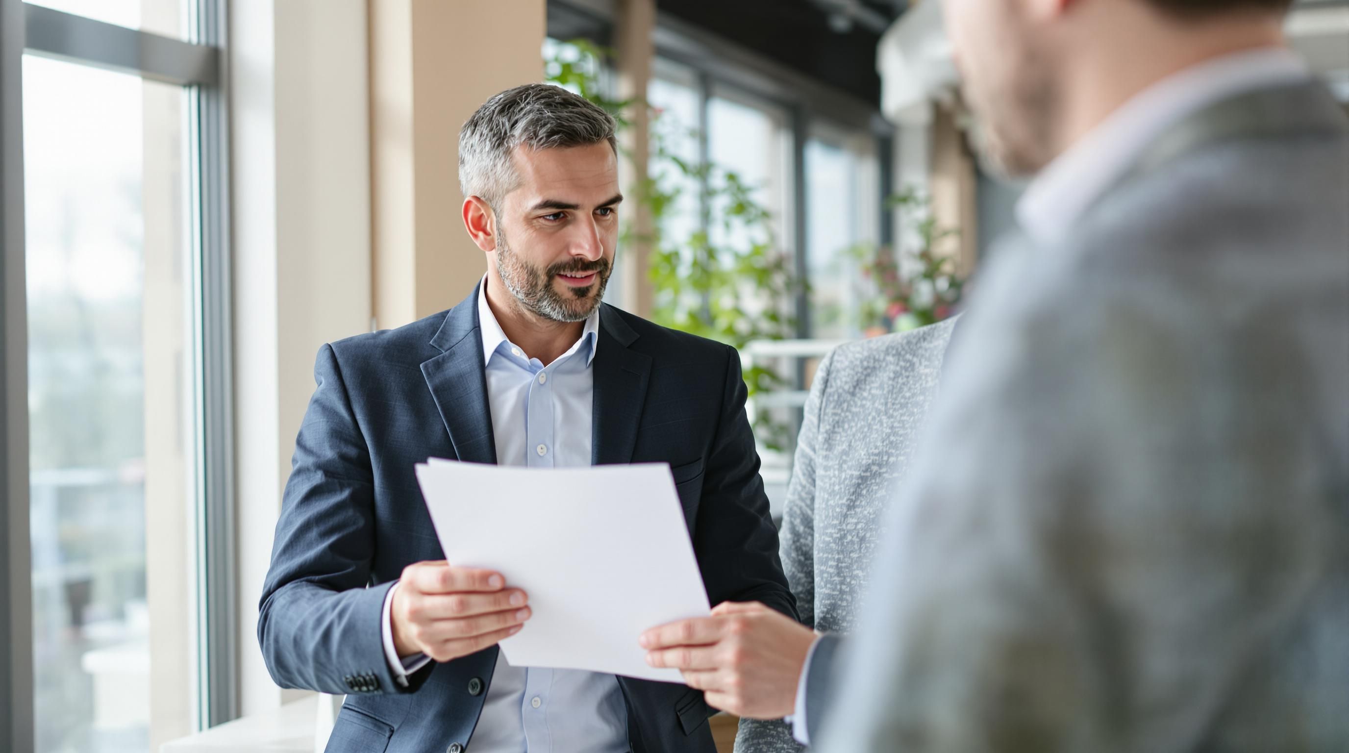 Insurance advisor and client in a bright office setting.
