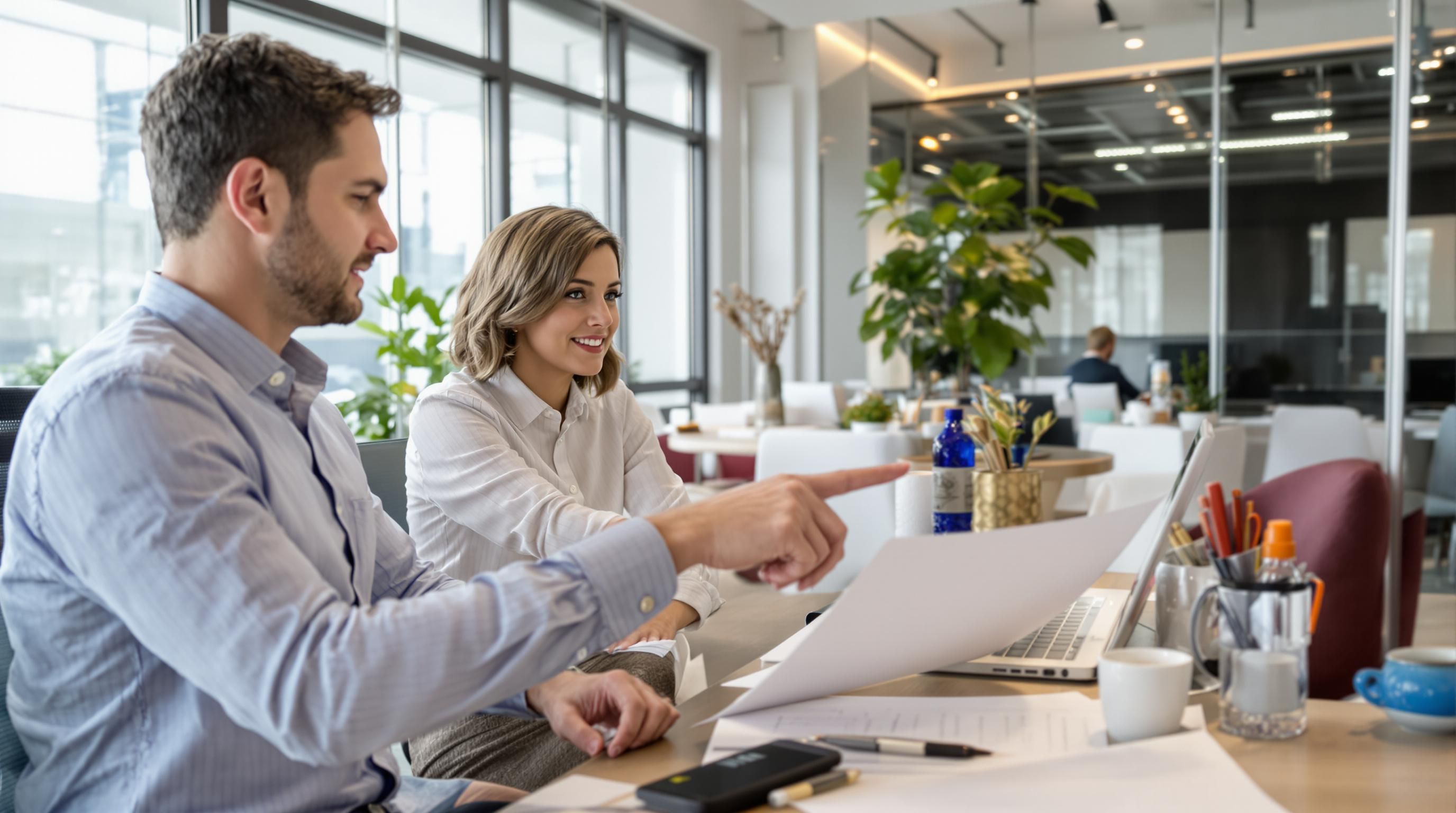 Consultant and client discussing insurance in a bright office.