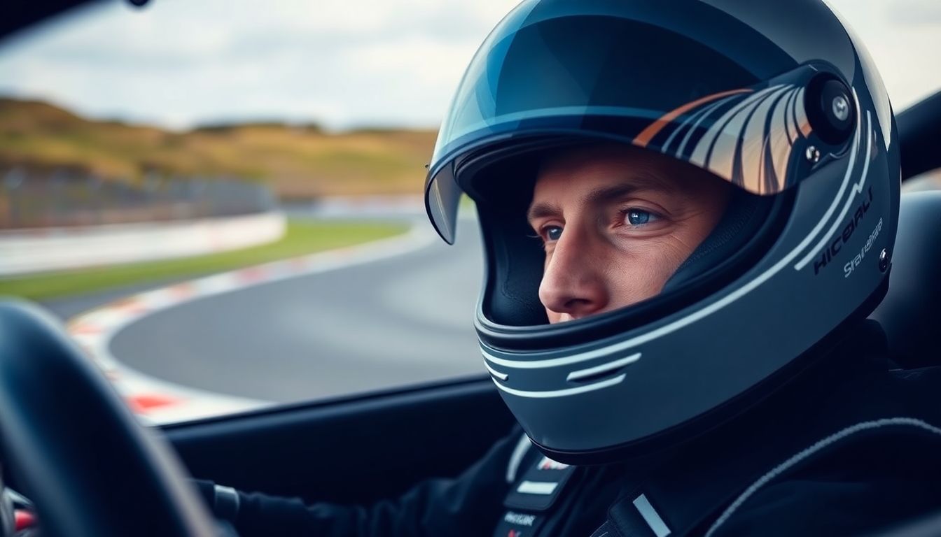 Trackdayversicherung: Race car driver in helmet ready for track day.