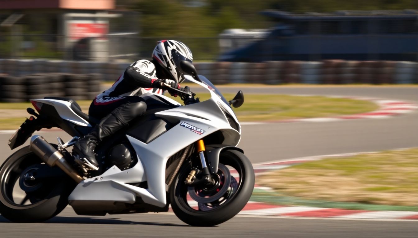 Motorcyclist racing on a track during a trackday.