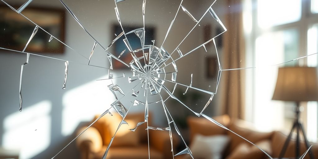 Shattered glass window with sunlight streaming through