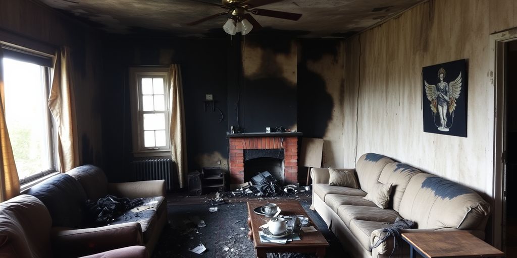 Burnt living room with fire damage