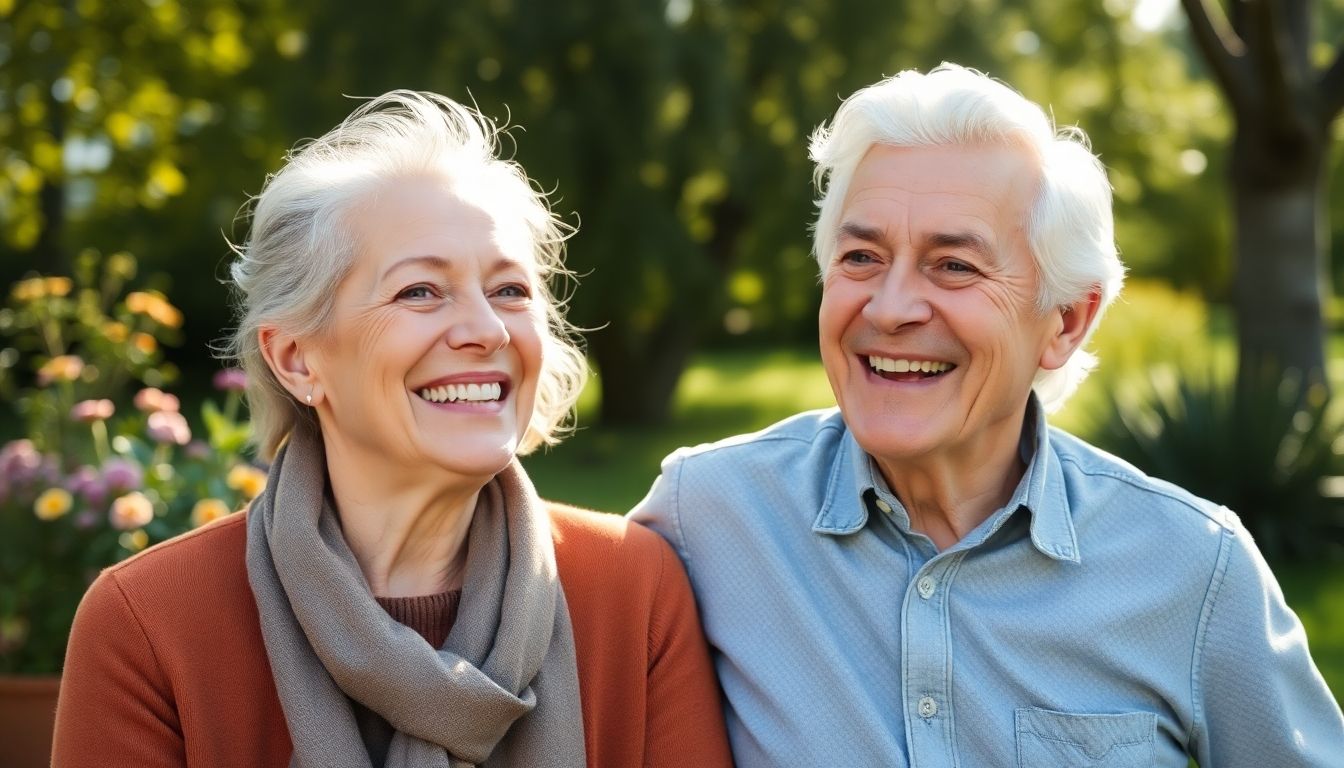 Zahnprothesen: Älteres Paar lächelt glücklich in einem hellen Raum.